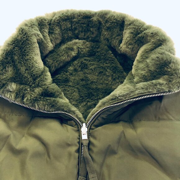 Forever 21 Zip Up Puffer Vest Jacket 2 Way Reversible Plush Trim Size L Green - Picture 6 of 16